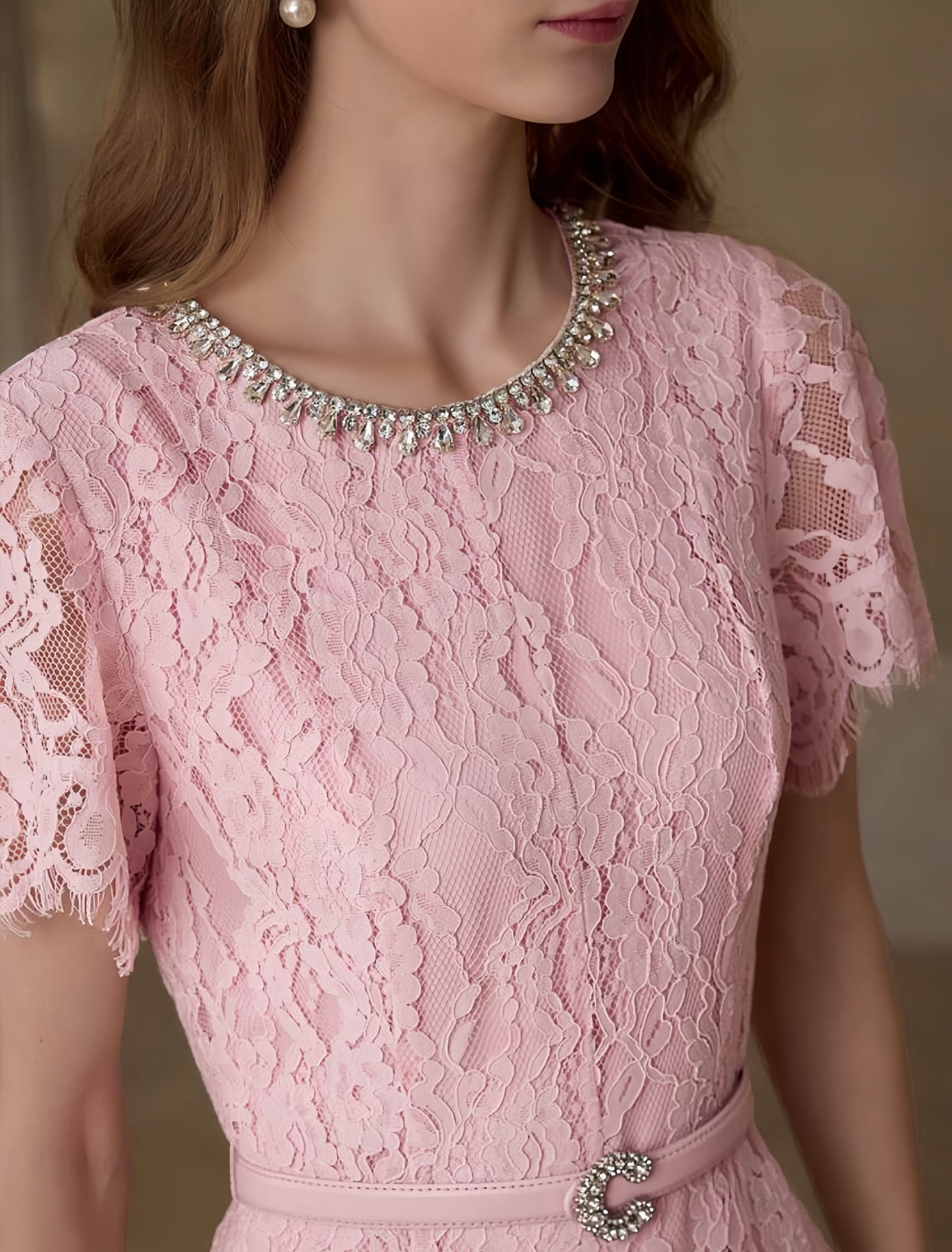Lace Belted Pink Dress