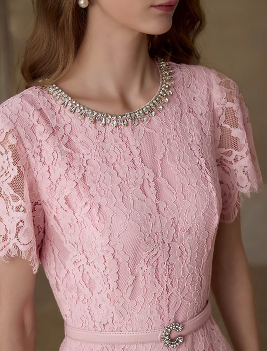Lace Belted Pink Dress
