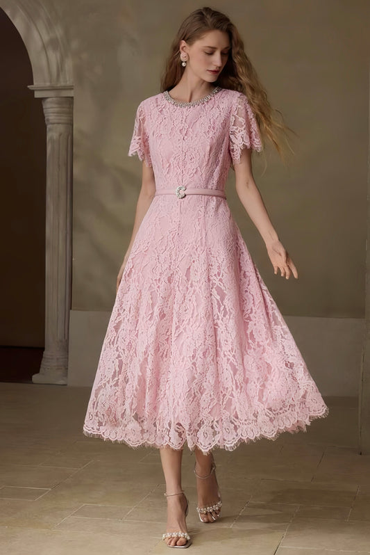 Lace Belted Pink Dress