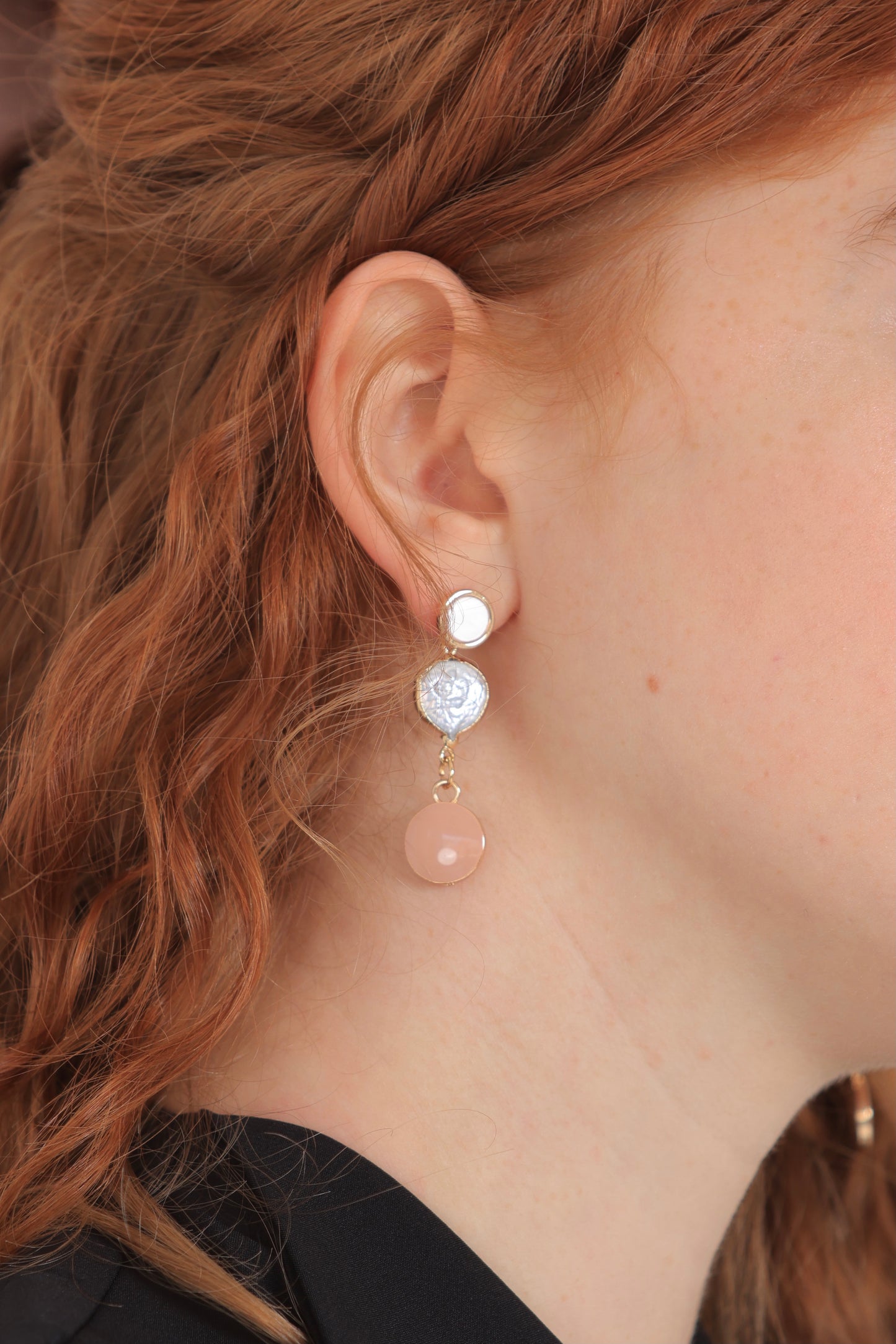 Vintage Pink Enamel & White Fresh Water Pearl Earring