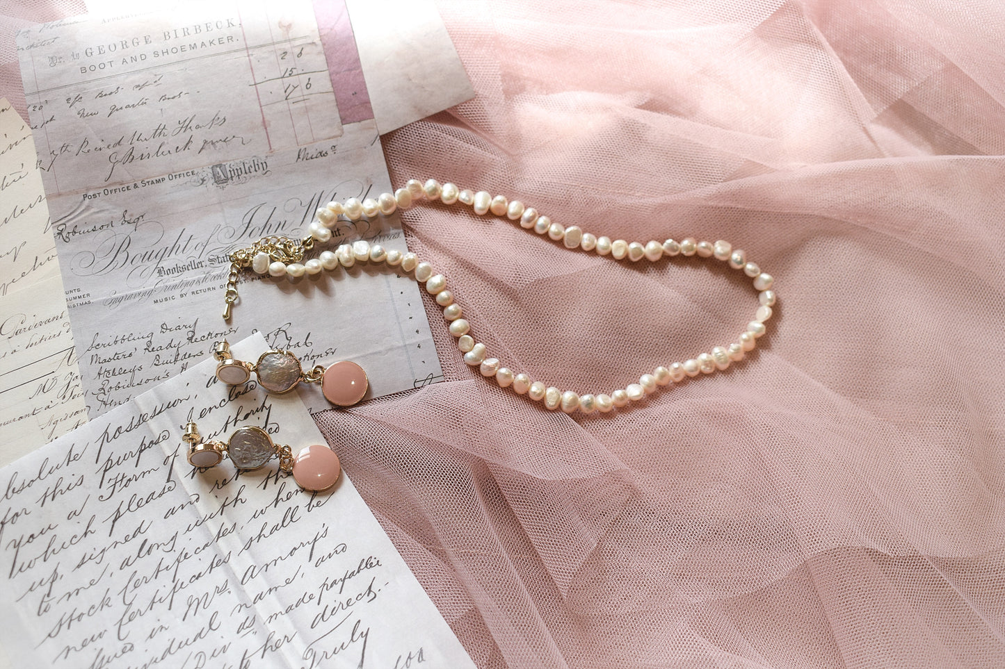 Vintage Pink Enamel & White Fresh Water Pearl Earring