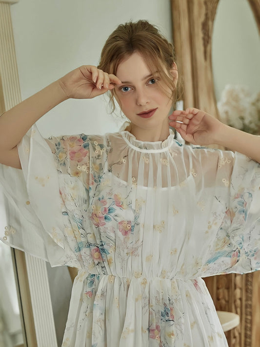 Elegant Embroidery Elastic Waist Chiffon Long Dress