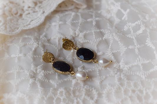 Classic White Pearl & Black Stone Earrings