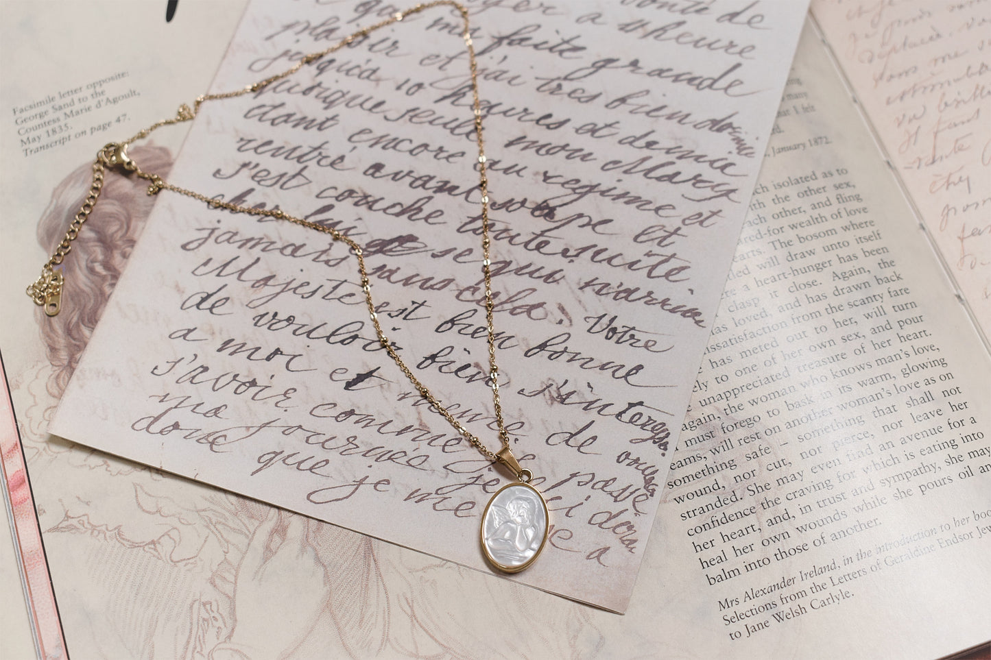 French Vintage Natural Shell Cupid Portrait Gold Necklace