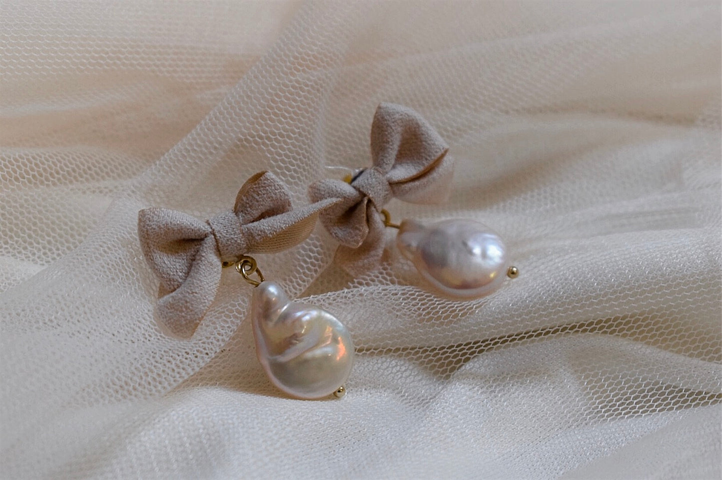 Vintage Fabric Bow and Pearl Earrings