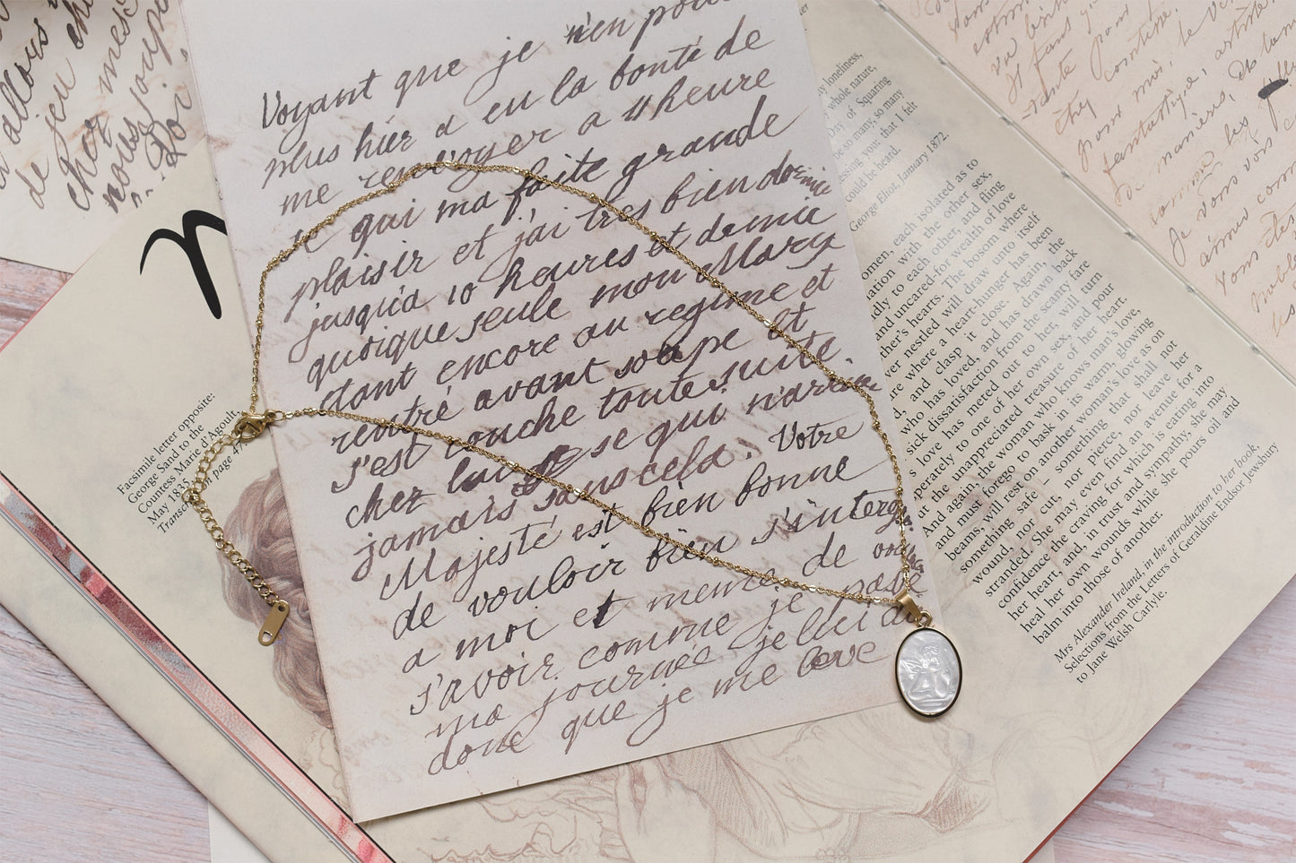 French Vintage Natural Shell Cupid Portrait Gold Necklace