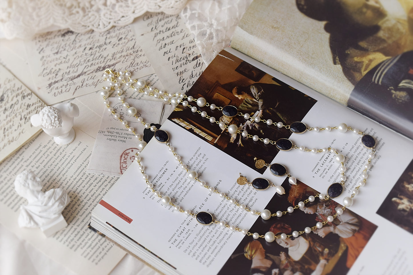 Classic White Pearl & Black Stone Earrings