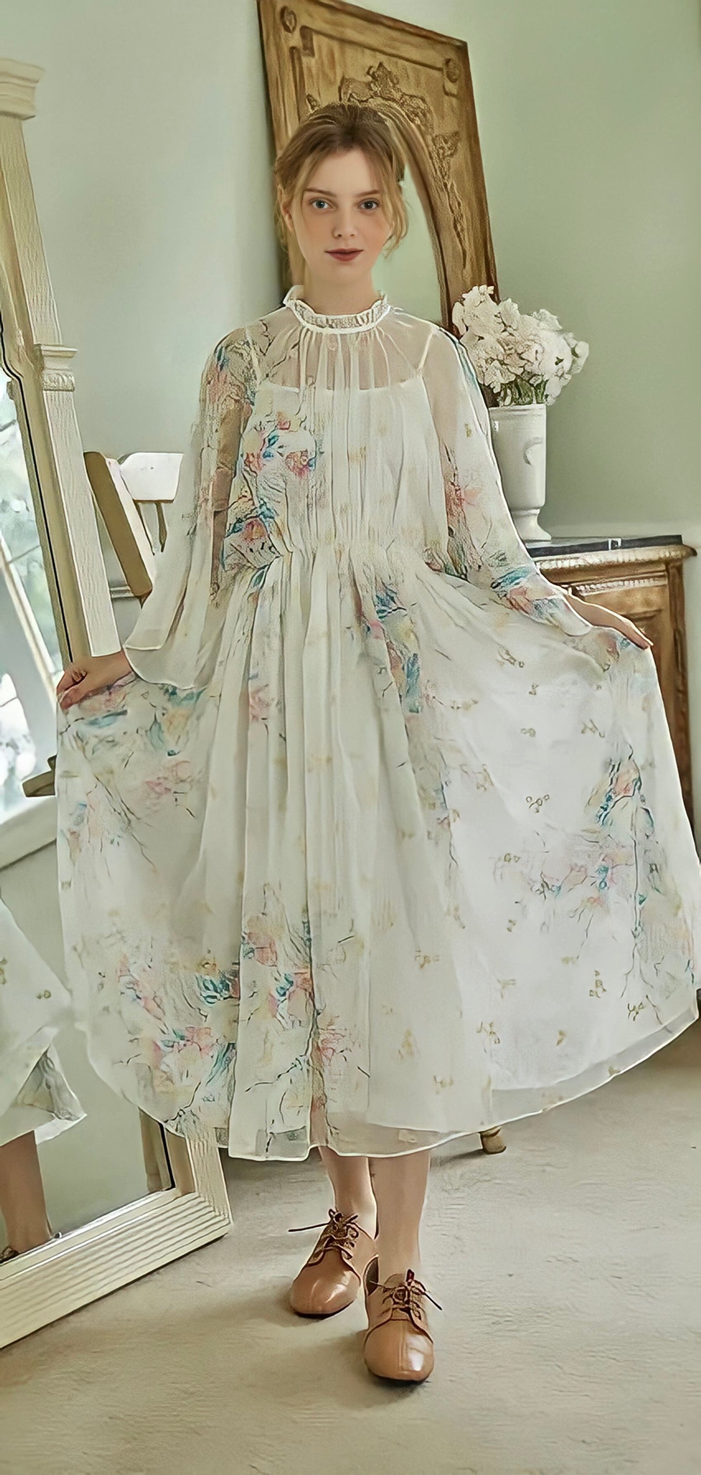 Elegant Embroidery Elastic Waist Chiffon Long Dress