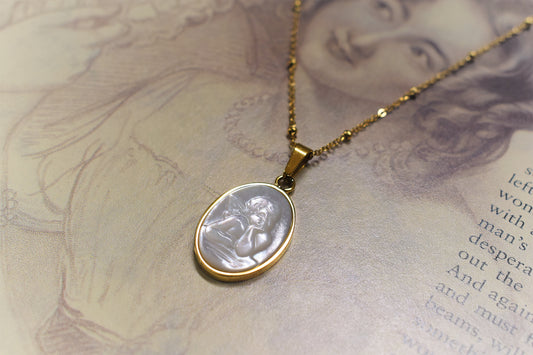 French Vintage Natural Shell Cupid Portrait Gold Necklace