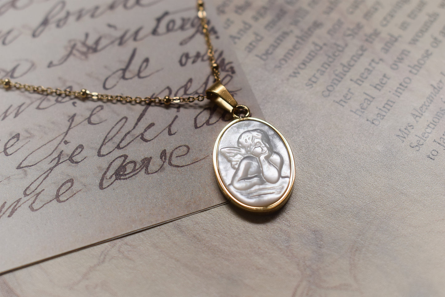 French Vintage Natural Shell Cupid Portrait Gold Necklace