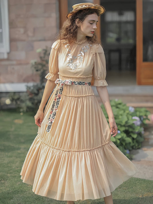 Handmade Vintage Elegant Dress With Embroidery Belt