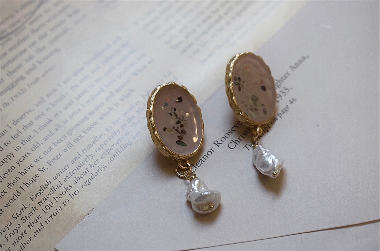Unique Colorful Broken Shells and Fresh Water Pearl Earrings