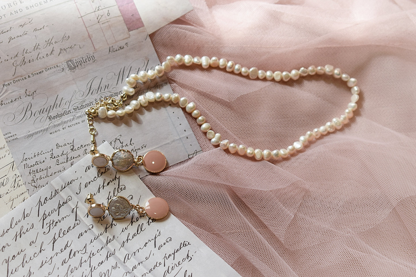 Vintage Pink Enamel & White Fresh Water Pearl Earring
