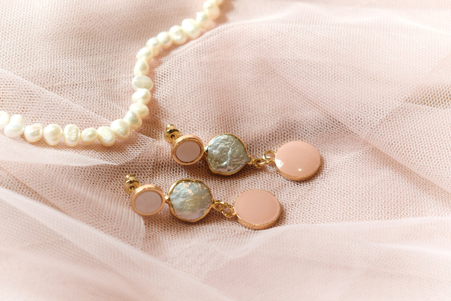 Vintage Pink Enamel & White Fresh Water Pearl Earring