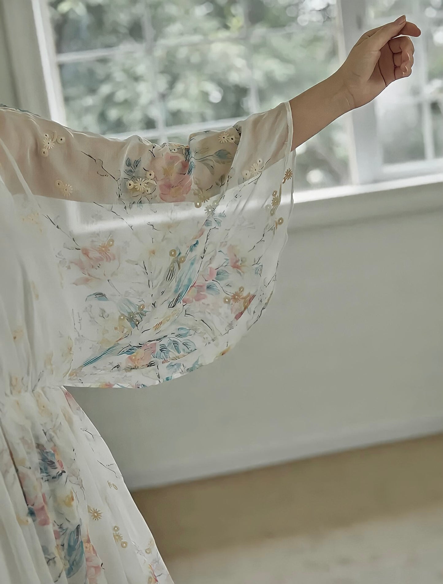 Elegant Embroidery Elastic Waist Chiffon Long Dress