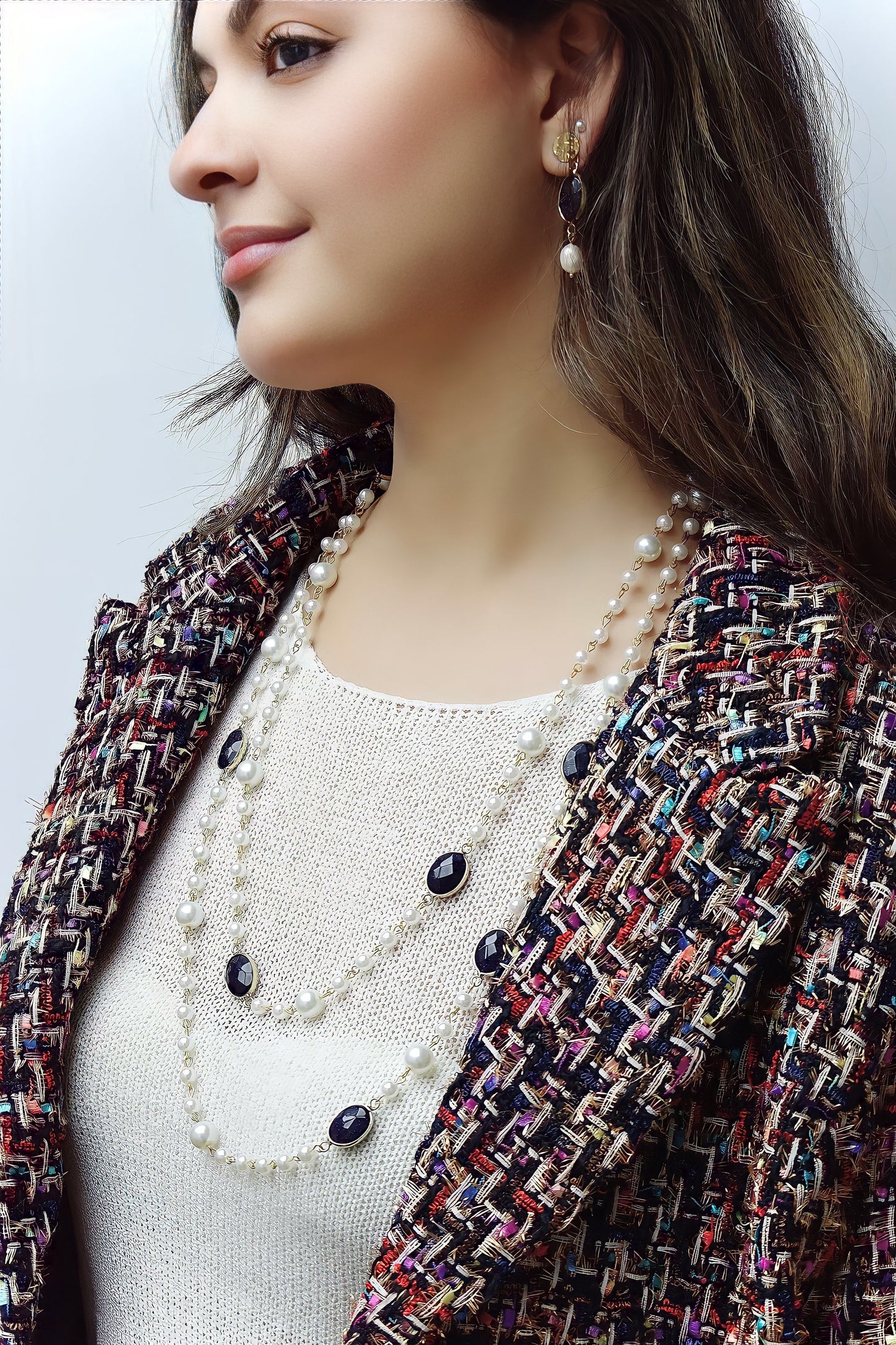 Classic White Pearl & Black Stone Earrings
