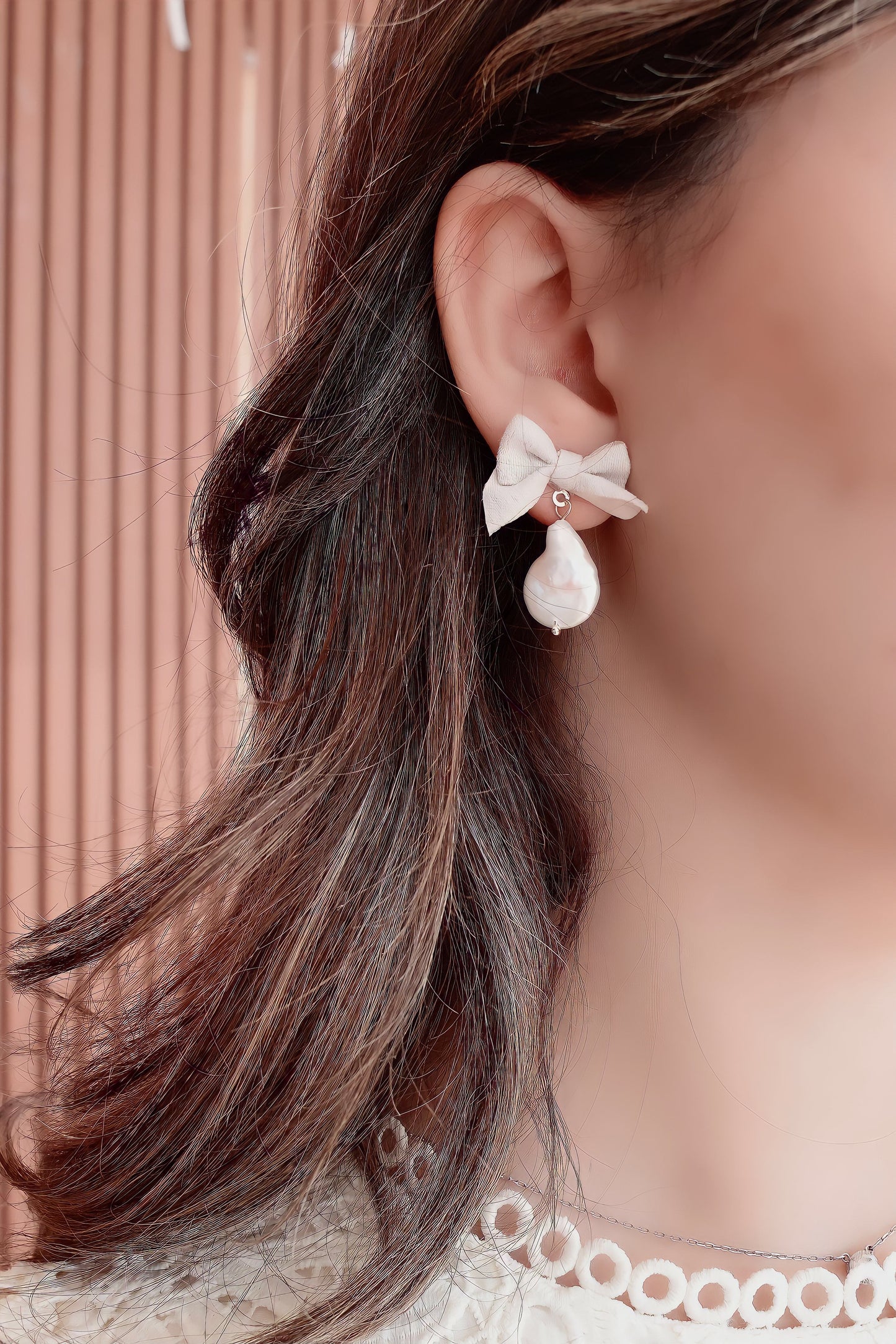 Vintage Fabric Bow and Pearl Earrings