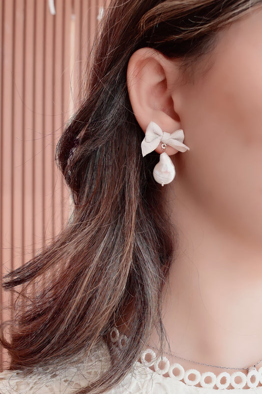 Vintage Fabric Bow and Pearl Earrings