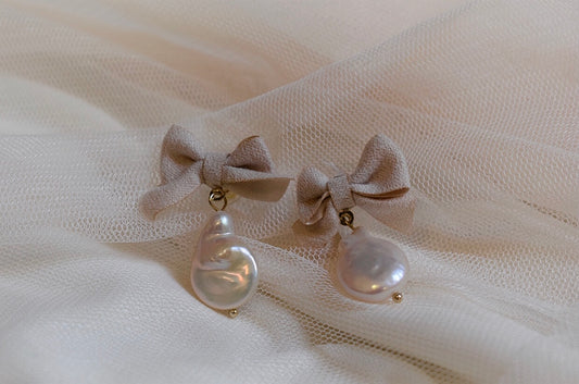 Vintage Fabric Bow and Pearl Earrings