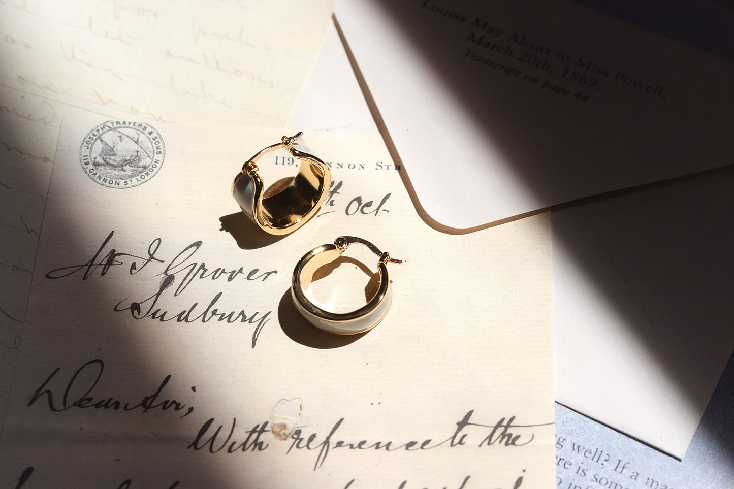 White Enamel Brass Hoop Earrings