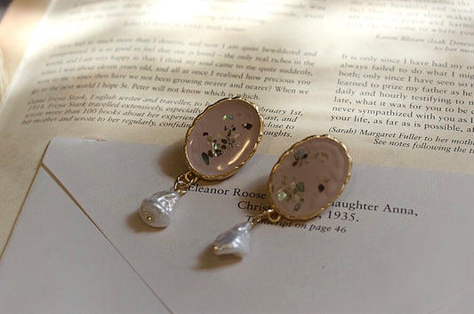 Unique Colorful Broken Shells and Fresh Water Pearl Earrings