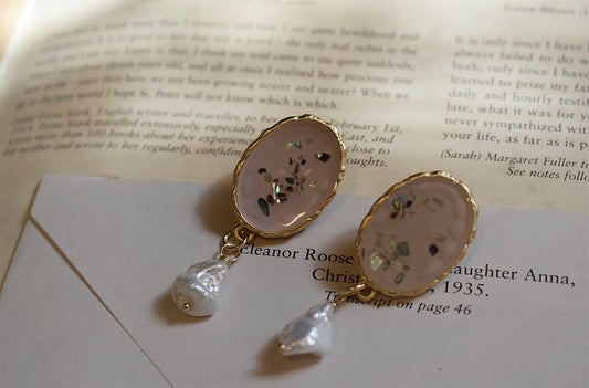 Unique Colorful Broken Shells and Fresh Water Pearl Earrings