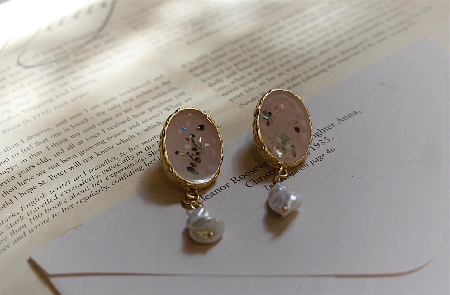 Unique Colorful Broken Shells and Fresh Water Pearl Earrings