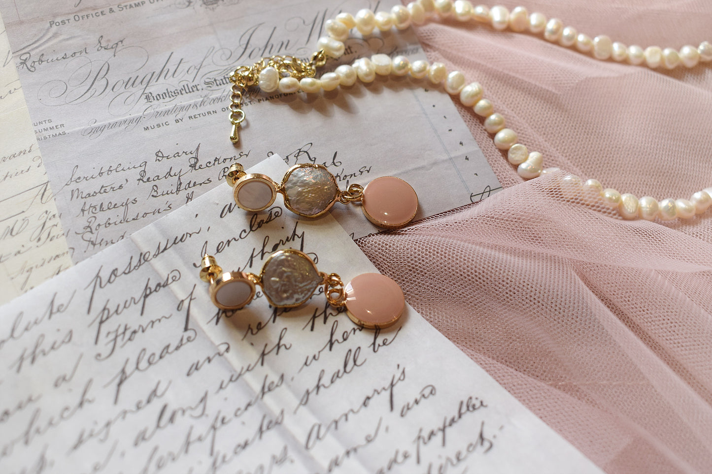 Vintage Pink Enamel & White Fresh Water Pearl Earring