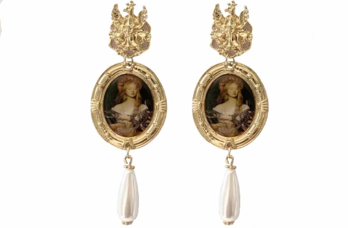 Victorian Oil Painting Pearl Earrings